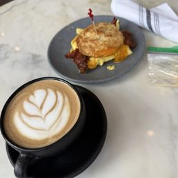 Mocha and breakfast biscuit (added bacon)