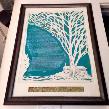 Quality Picture Framing - Our beautiful paper cut ketubah (https://www.etsy.com/shop/jerise) with a window for the broken glass from our wedding ceremony - Framing Near Me - Plainview, New York