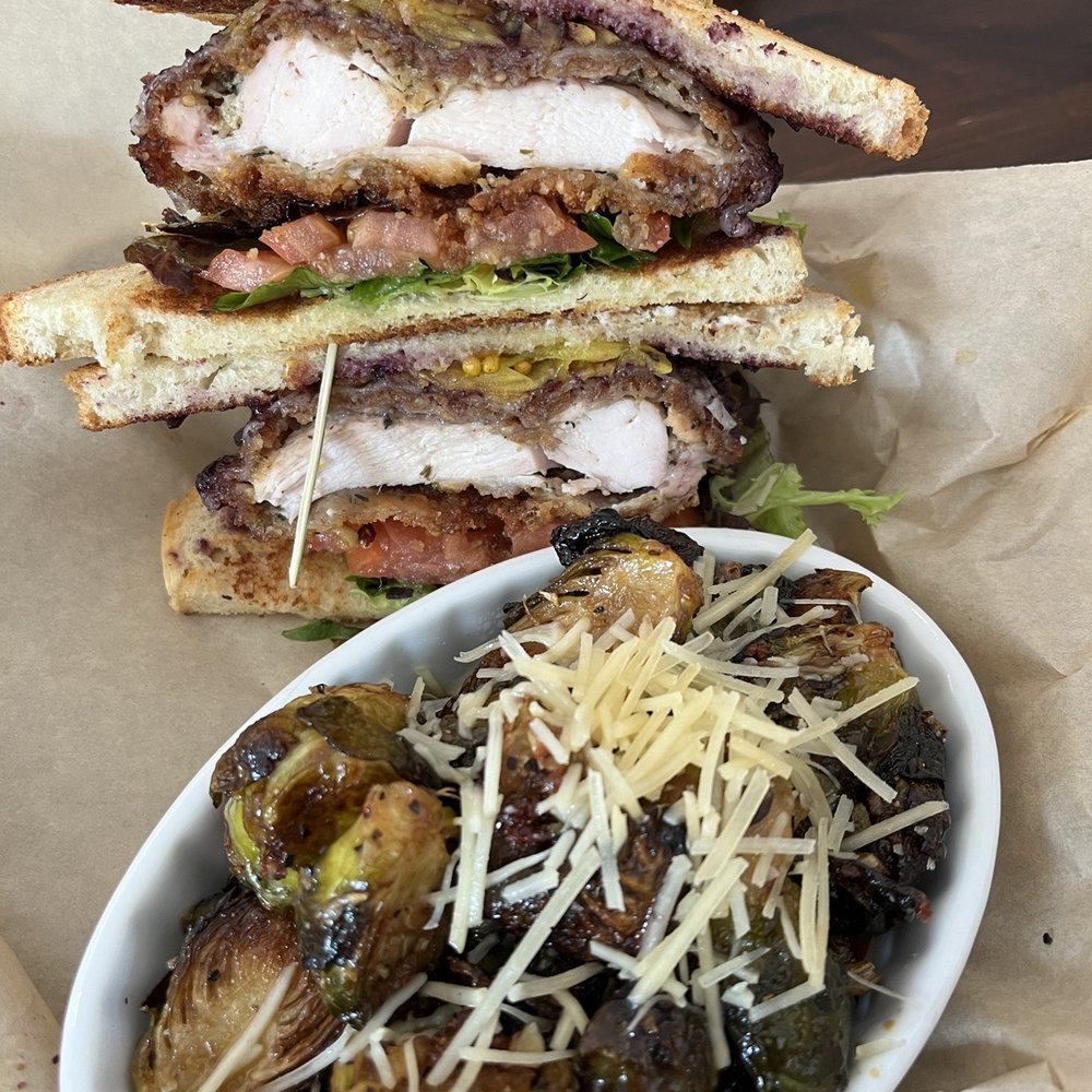 Foragers Canteen - Blueberry pecan crusted chicken sandwich and Maple Balsamic Sprouts - Tacos Near Me - Sylva, North Carolina Foragers Canteen - Blueberry pecan crusted chicken sandwich and Maple Balsamic Sprouts - Tacos Near Me - Sylva, North Carolina