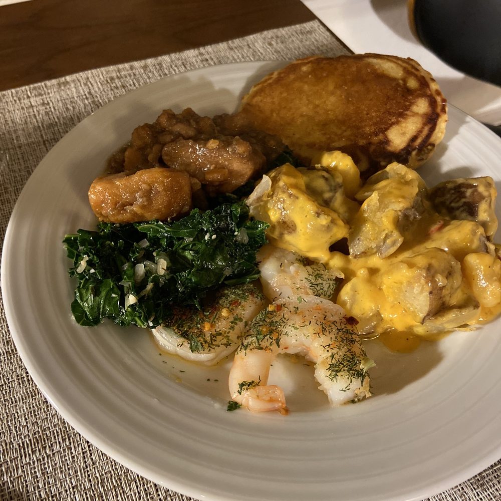 Bayview Bistro SF - Shrimp, fiesta potatoes, steamed greens, candy yams, buttermilk hoe cake - Food Trucks Near Me - San Francisco, California Bayview Bistro SF - Shrimp, fiesta potatoes, steamed greens, candy yams, buttermilk hoe cake - Food Trucks Near Me - San Francisco, California