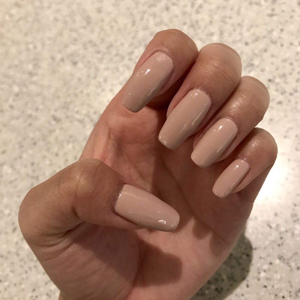 Delightful Nails - Photo 4 of 4: Nude on top of my real nails and red underneath: slight coffin shape. - Nail Salons Near Me - Chandler, Arizona