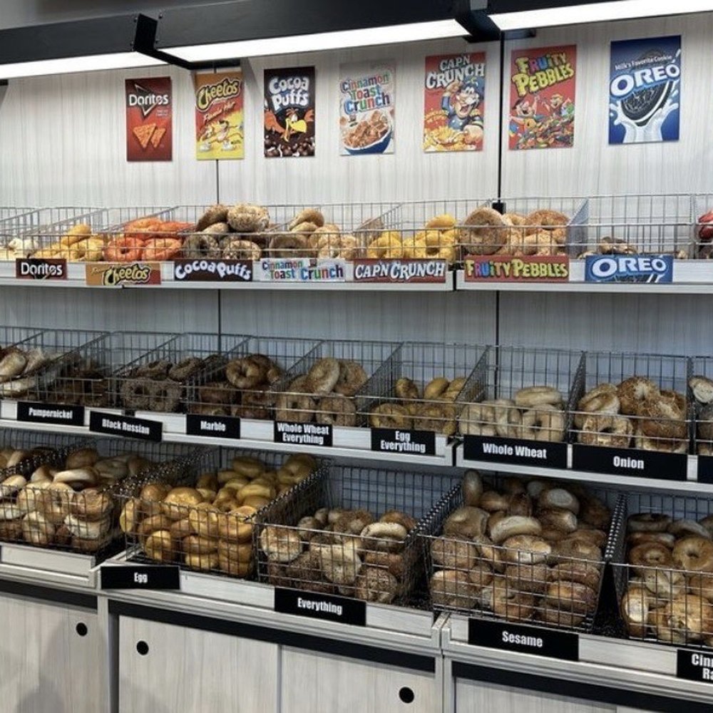 Wall of delicious assortment of bagels Wall of delicious assortment of bagels