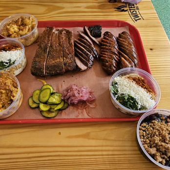 Twisted Pit BBQ - Street corn and mac n cheese sides with jalapeño cheddar sausage and a quarter rack ribs. Cobbler for dessert - Barbeque Near Me - Lakewood Ranch, Florida