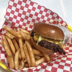 Burger Revolution - American Cheese burger and regular fries.