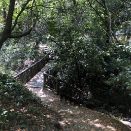 Walkway down a hill to a little bridge