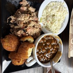 Mt.Pleasant Smoke House - Pulled pork, hush puppies, baked beans, and mayo slaw
