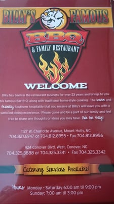 Menu photo 6 Billys Barbeque Family Mount Holly, NC