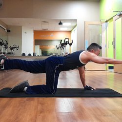 Anytime Fitness - Doing the bird-dog core exercise in the studio room.