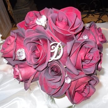Budding Events - Classic all rose bouquet with large crystals and initial pick - Wedding Planning Near Me - Sacramento, California Budding Events - Classic all rose bouquet with large crystals and initial pick - Wedding Planning Near Me - Sacramento, California