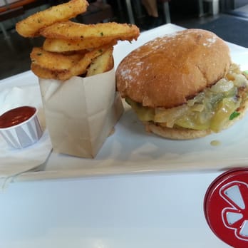 Burger Lounge - Organic Quinoa Veggie Burger with Onion Rings - Burgers Near Me - Del Mar, California