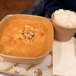 Massaman with chicken and rice (option to make it spicy). Husband rated it a 3/5. You could definitely share this.