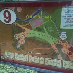 Bluemont Park Disc Golf Course - Map of hole 9. You can see the junior, amateur, advanced, and pro baskets on the map, as well as the tee locations.