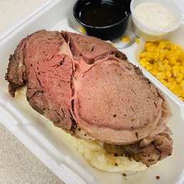 Prime rib: $15 - Available every other Thursday. Your choice of starch (rice or mashed potatoes), corn, au jus and creamy horse radish.