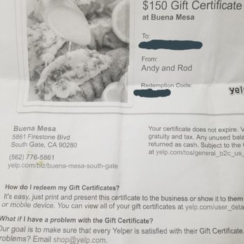 Buena Mesa - Copy of the gift certificate they say is fake - Seafood Near Me - South Gate, California Buena Mesa - Copy of the gift certificate they say is fake - Seafood Near Me - South Gate, California