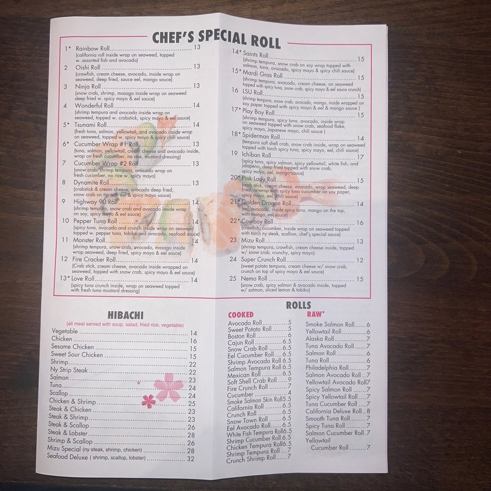 Sushi Mizu - Menu - Sushi Bars Near Me - New Iberia, Louisiana Sushi Mizu - Menu - Sushi Bars Near Me - New Iberia, Louisiana