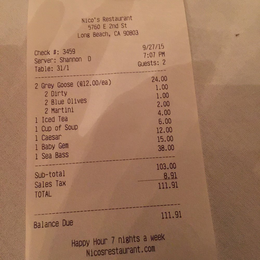 Nico's - The bill - New American Near Me - Long Beach, California Nico's - The bill - New American Near Me - Long Beach, California