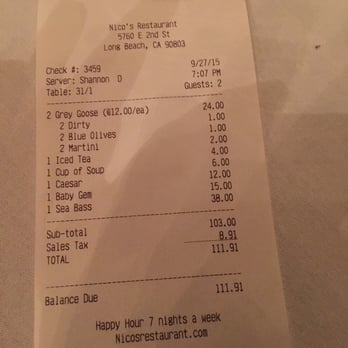 Nico's - The bill - New American Near Me - Long Beach, California Nico's - The bill - New American Near Me - Long Beach, California