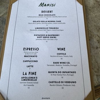 Marisi - Dessert & drink menu - Italian Near Me - La Jolla, California