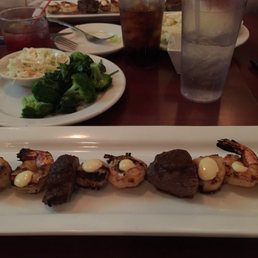 Seafood and steak skewer. Had a side of cole claw and a broccoli/ spinach mix. Definitely a keeper. Seafood and steak skewer. Had a side of cole claw and a broccoli/ spinach mix. Definitely a keeper.