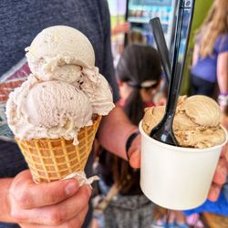 2 scoops of Bailey Island in a cup + Blueberry Cheesecake in a waffle cone.