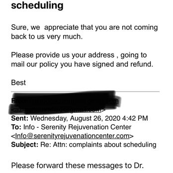 Serenity Rejuvenation Center - Bellevue Medical Spa - Is this any way to speak to a customer? Note that this is the scheduling/office manager. - Medical Spas Near Me - Bellevue, Washington Serenity Rejuvenation Center - Bellevue Medical Spa - Is this any way to speak to a customer? Note that this is the scheduling/office manager. - Medical Spas Near Me - Bellevue, Washington