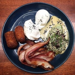 Small Victories - Avo with miso sesame dressing and shiso. Poached eggs, Berkshire bacon and Leek Potato croquettes
