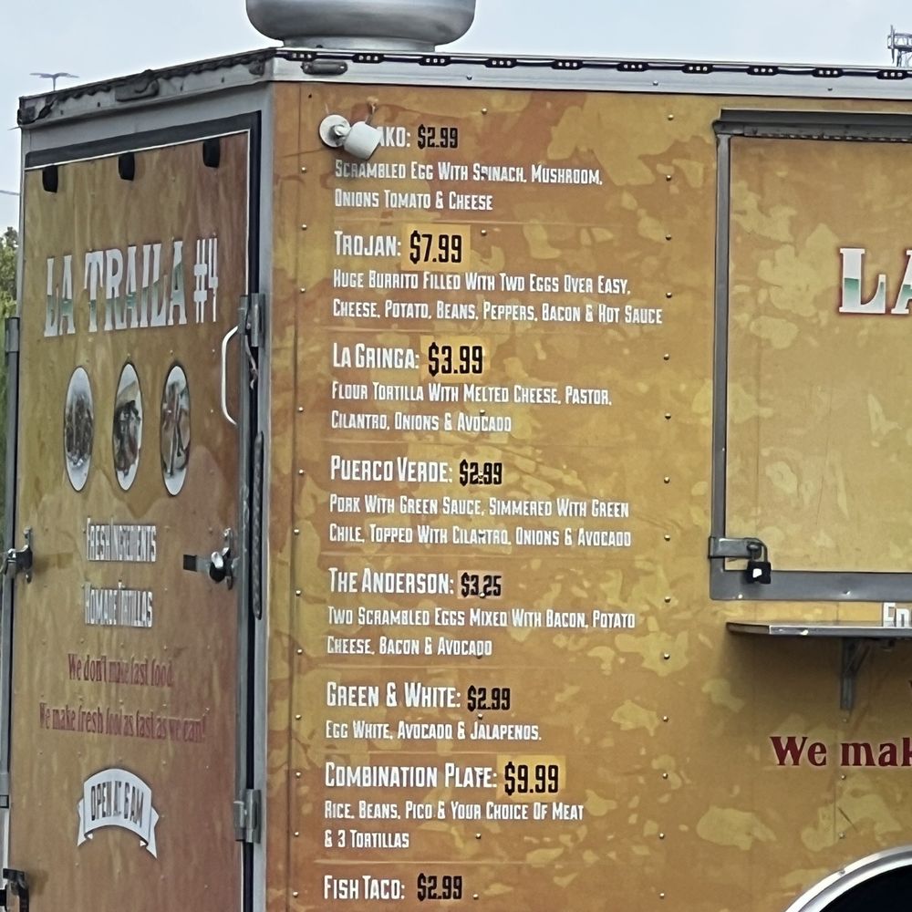La Traila - closeup of other 1/2 of updated menu and pricing, late August '23 - Food Trucks Near Me - Austin, Texas La Traila - closeup of other 1/2 of updated menu and pricing, late August '23 - Food Trucks Near Me - Austin, Texas