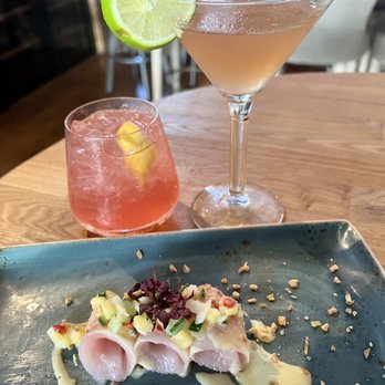 Herringbone Waikiki - Hamachi Crudo prepared with White-truffle Yuzu Vinaigrette, Crispy Garlic, Micro Shiso! - Seafood Near Me - Honolulu, Hawaii