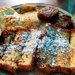 The Panorama Music House - French toast slam with a fried egg and sausage.