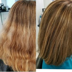 Pretty Please Salon - Before and after.
Balayage gone wrong (not done by us) to beautiful brown with highlights ( done by Debbie). Transformation!!