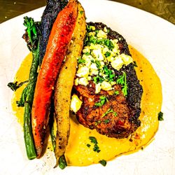 Gildas' Lake Street Bakery - Smoked pepper airline chicken, roasted broccoli/heirloom carrot, scratch-firey feta purée, feta and fresh parsley.