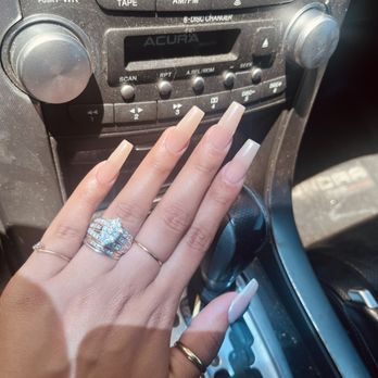 Classy Nails - Medium long coffin nude nails with pearl chrome - Nail Salons Near Me - Roseville, California