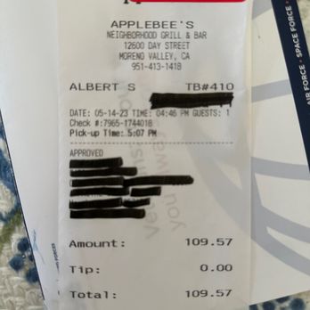 Applebee's Grill + Bar - Receipt of Order - American Near Me - Moreno Valley, California Applebee's Grill + Bar - Receipt of Order - American Near Me - Moreno Valley, California