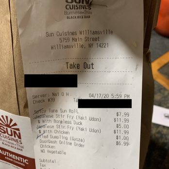 Sun Cuisines - Receipt. Food didn't arrive until after 815pm. - Burmese Near Me - Williamsville, New York