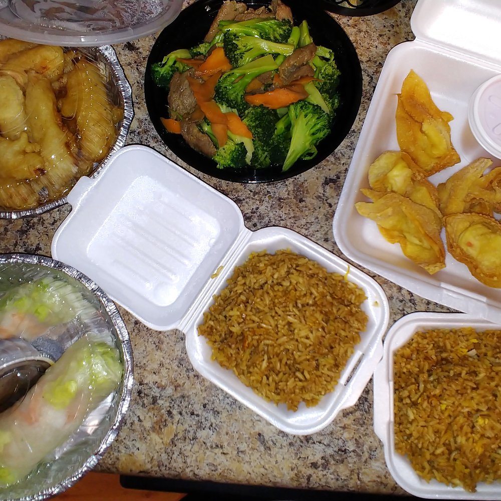 Fang's Bistro - sweet and sour shrimp minus the sauce, beef and broccoli, crab rangoon, spring rolls, and fried rice - Chinese Near Me - Cypress, Texas
