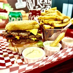 Lucky Chip Burger - Double smash burger fries and sauces