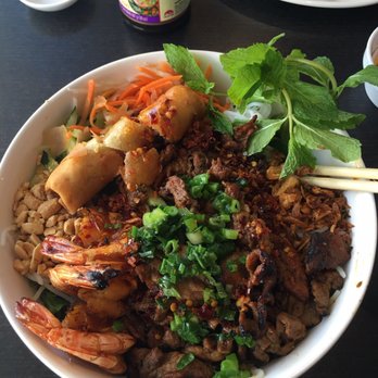 Simply Pho - Rice Vermicelli Bowl with Grilled Shrimp, Grilled Pork, and Egg Rolls - Vietnamese Near Me - Lake Forest, California