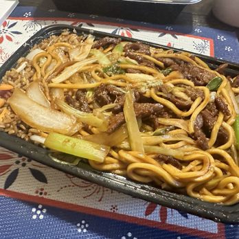 New Wah Garden - a dish of noodles and beef - Chinese Near Me - Jay, Maine