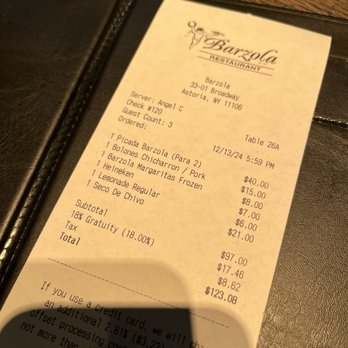 Barzola - Our bill - Latin American Near Me - Astoria, New York