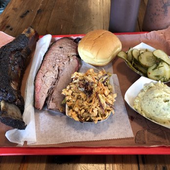 la Barbecue - Beef rib, brisket, chipotle coleslaw, bun (1 wasn't enough), potato salad, pickles. Nothing was left on the plate! - Barbeque Near Me - Austin, Texas la Barbecue - Beef rib, brisket, chipotle coleslaw, bun (1 wasn't enough), potato salad, pickles. Nothing was left on the plate! - Barbeque Near Me - Austin, Texas