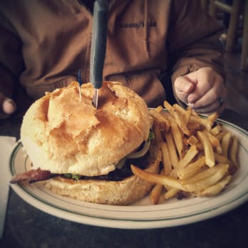 Lumberjacks Restaurant - So they have this $16 burger... My husband had to try it. He had to cut it in half just to pick it up. Enough for 2 meals! - Diners Near Me - Redding, California Lumberjacks Restaurant - So they have this $16 burger... My husband had to try it. He had to cut it in half just to pick it up. Enough for 2 meals! - Diners Near Me - Redding, California