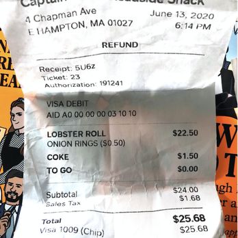 Captain Jack's Roadside Shack - Shows receipt for refund - but for the wrong amount and to the wrong card holder. - Seafood Near Me - Easthampton, Massachusetts Captain Jack's Roadside Shack - Shows receipt for refund - but for the wrong amount and to the wrong card holder. - Seafood Near Me - Easthampton, Massachusetts