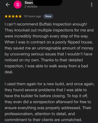 Google Reviews! - Buffalo Property Inspections has earned strong reviews on Google for its detailed, professional home inspections in the DFW area. Clients praise the team for clear communication, thorough reports, and helping them understand every part of the inspection. The company is InterNACHI®-Certified and licensed by the Texas Real Estate Commission, offering trusted service for homebuyers and realtors alike.