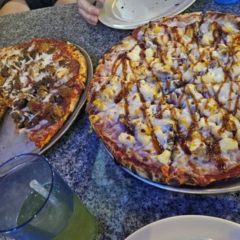 Doughboys Pizzatopia - Hawaiian Combo on Right. Meat Combo on Left - Pizza Near Me - Portland, Oregon