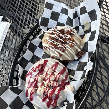 Glazed Over Donuts - Glazed with cheesecake bites and raspberry drizzle Maple glazed with bacon and vanilla drizzle - Donuts Near Me - Beacon, New York Glazed Over Donuts - Glazed with cheesecake bites and raspberry drizzle Maple glazed with bacon and vanilla drizzle - Donuts Near Me - Beacon, New York