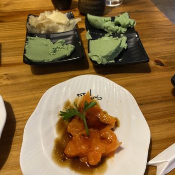 Sushi Masa Spring - Spicy sushi with a special sauce shaped like a Christmas tree. Enough wasabi and ginger provided for the meal. - Sushi Bars Near Me - Spring, Texas