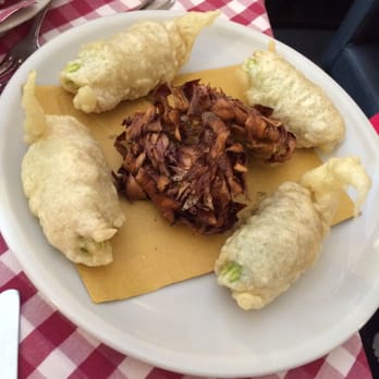 Hostaria La Botticella - Fried artichoke (middle); fried zucchini flower with mozzarela & anchovies (outside) - Roman Near Me - Rome, RM Hostaria La Botticella - Fried artichoke (middle); fried zucchini flower with mozzarela & anchovies (outside) - Roman Near Me - Rome, RM
