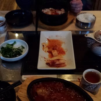 Ong Gie - Sorry, halfway through the main meal, before I took the shot! Spicy tofu soup and pork with kimchee as Mains, assorted banchan. - Korean Near Me - Edinburgh, EDH Ong Gie - Sorry, halfway through the main meal, before I took the shot! Spicy tofu soup and pork with kimchee as Mains, assorted banchan. - Korean Near Me - Edinburgh, EDH