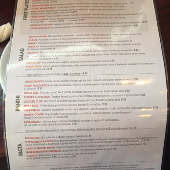 Mondo - The menu. Pretty extensive for paninis pasta and pizza. - Pizza Near Me - Middletown, Connecticut