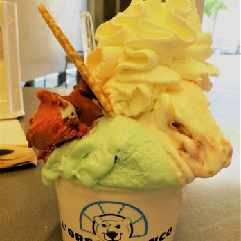 L'Orso Bianco - From left to right, the spectacular Frutti di Bosco (berry flavor), mint, and cheesecake gelato topped with fresh cream. - Ice Cream & Frozen Yogurt Near Me - Rome, RM